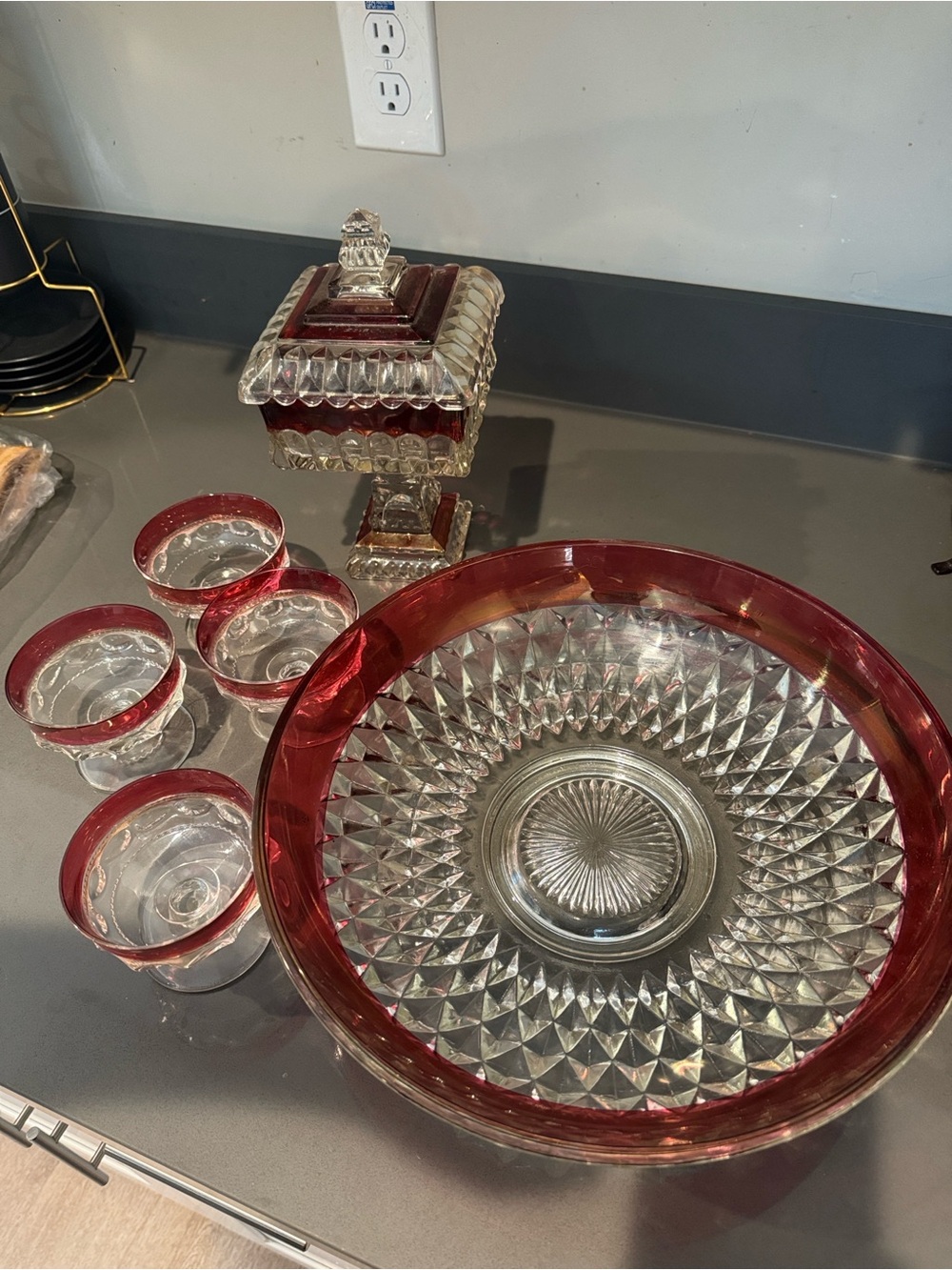 Vintage Glass Serving Bowl and Cups with Ruby Red Trim